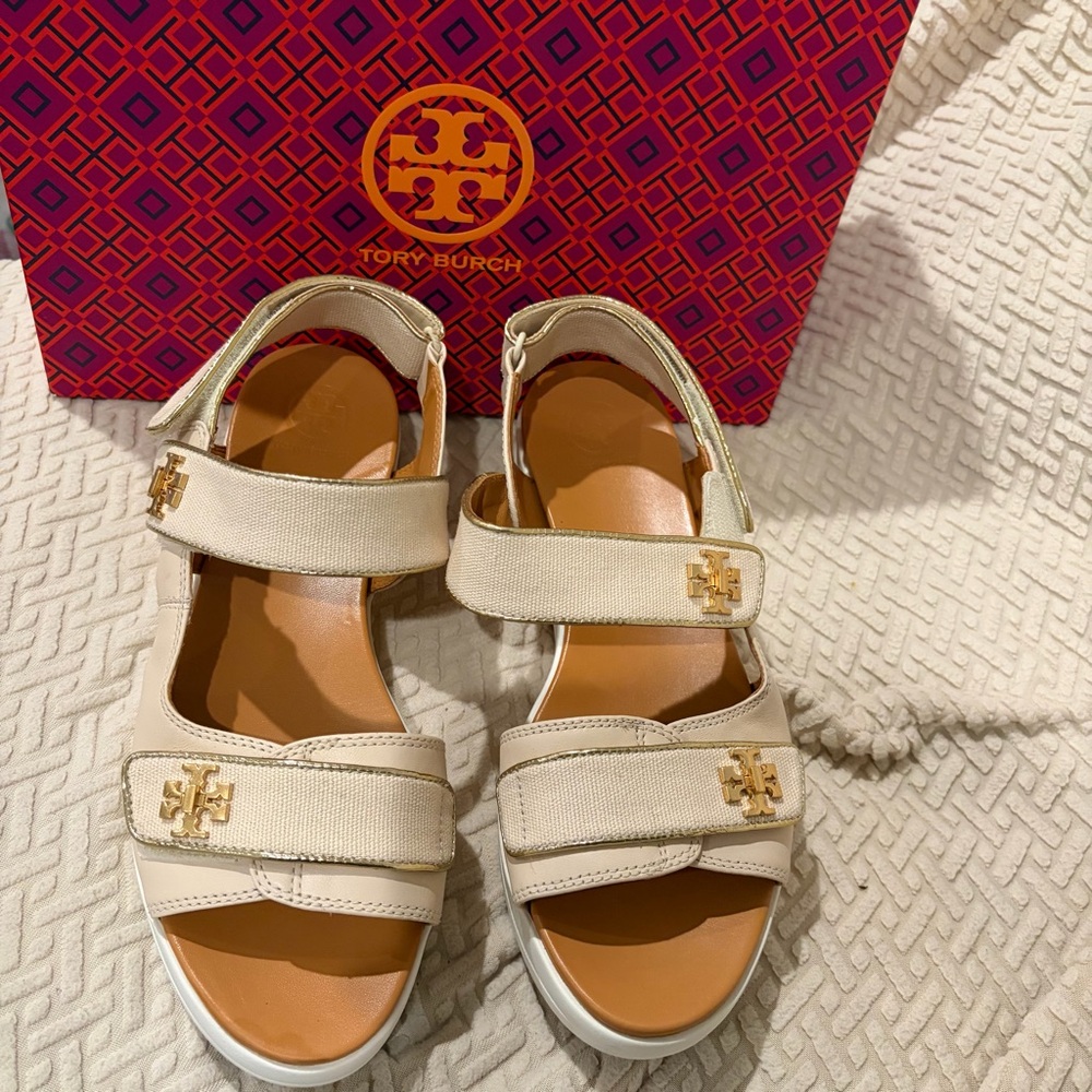 Tory Burch Kira Sport Cream Sandals with Gold Accents Size 8
